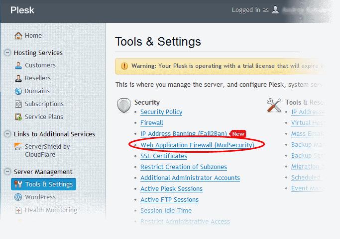 In the 'Web Application Firewall' interface, click the 'Change Rule Set' link beside 'Selected rule set' row.