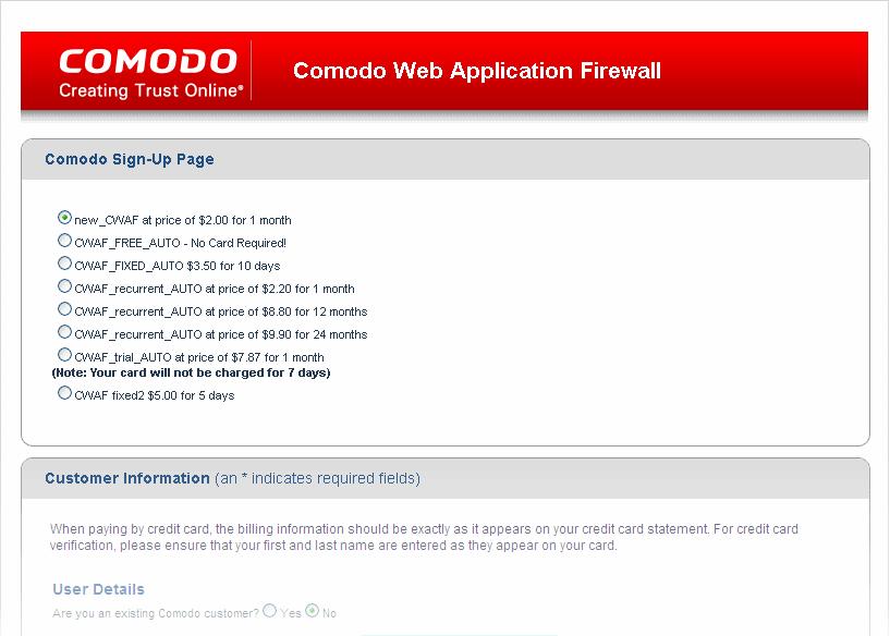 Select the CWAF product from the list Comodo Web Application Firewall