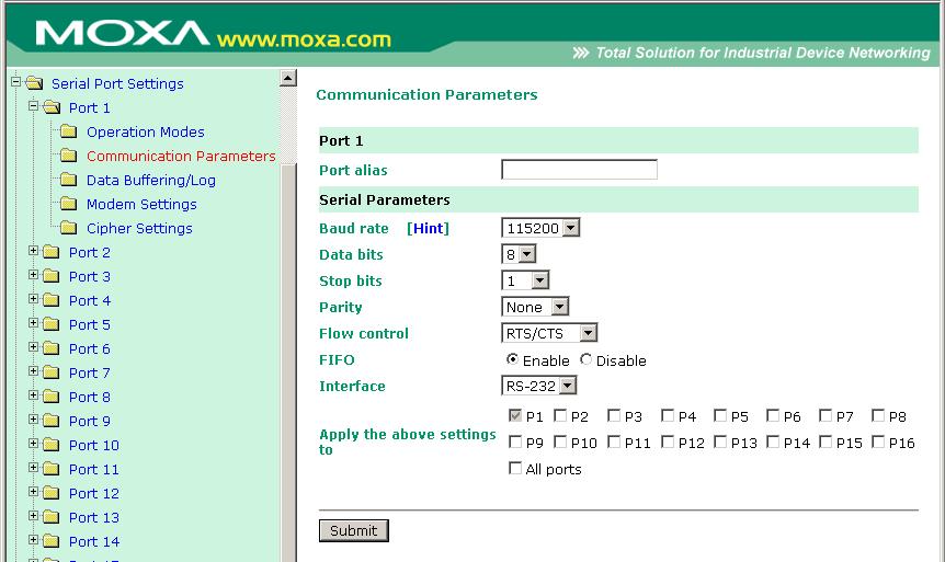 Additional Serial Port Settings Port Communication Parameters Port alias: This optional field allows you to assign an alias to a port for easier identification.