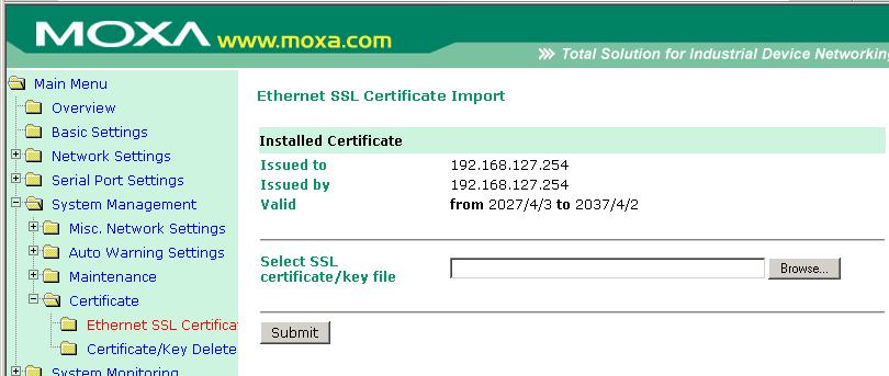 System Management Settings Certificate Ethernet SSL Certificate Import The certificate/key imported