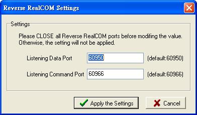 For Reverse Real COM mode, users should assign the TCP port number for the Remote Host/Server. Click the Configuration tab to modify the port number.