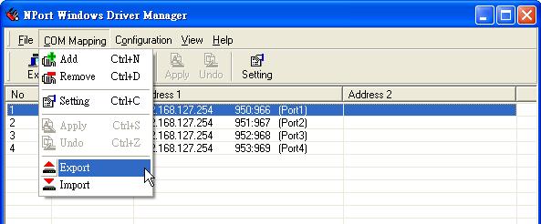 Software Installation/Configuration 6. To save the configuration to a text file, select Export from the COM Mapping menu.