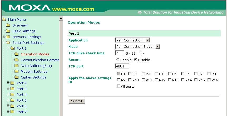 Configuring Serial Port Operation Modes ATTENTION When establishing a Pair Connection between two serial ports on two different NPort 6000 servers, make sure that if one side is configured for data