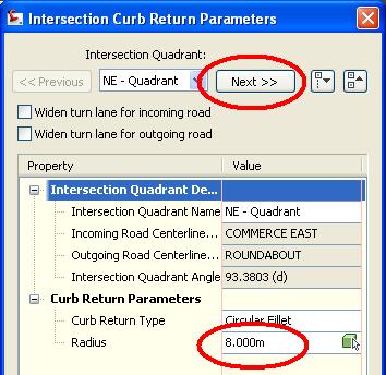 COMMERCE EAST alignment: Left and right offsets = 8m Curb Return Parameters: Under the curb returns parameters, you can specify the radius of the fillet between the edge of pavement of the main and