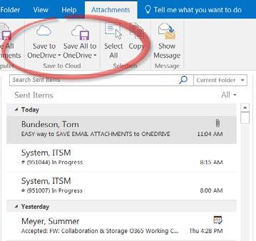 d. Email attachments: You will also notice that in your Outlook ribbon bar (with the OneDrive sync client installed) you can save attachments