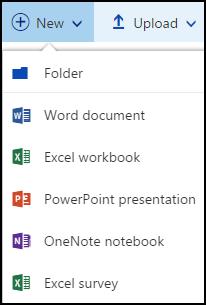 Creating New Files and Folders You can create a new folder and new Office documents directly from OneDrive for Business. 1. From the Office 365 OneDrive page, click New. 2.