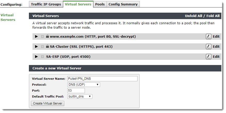 5. To create a DNS service running on the Traffic Manager, click Services > Virtual Servers. 6.