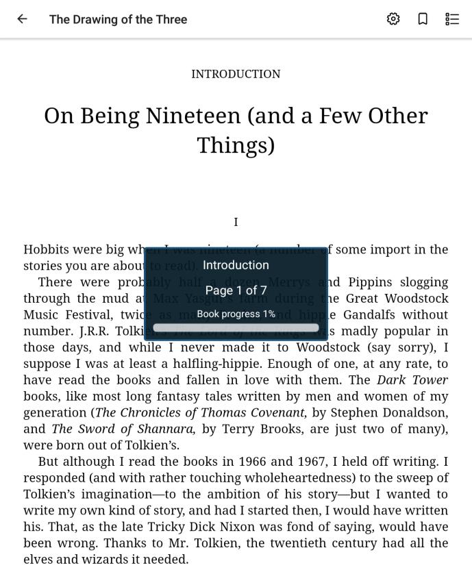 Page 15 of 16 Return to bookshelf Settings (font and text size), bookmarks, and table of contents When reading an ebook, swiping from side to side will flip the