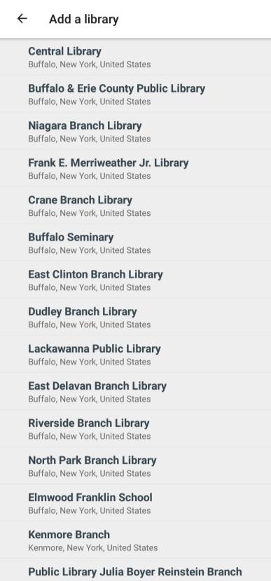 When you search, you will see a list of library branches and systems nearby, whether they are part of the