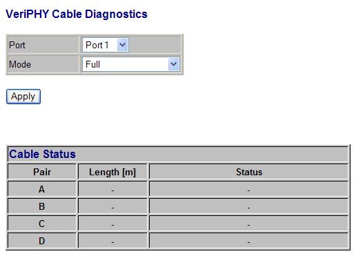 7 Monitoring 7.6 VeriPHY Figure 7-7 [VeriPHY Cable Diagnostics] User can perform cable diagnostics for all ports or selected ports to diagnose any cable faults and feedback a distance to the fault.