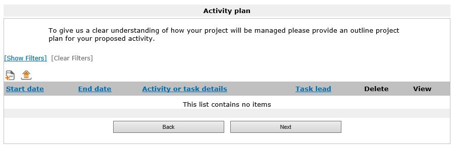 Activity plan Use the plus icon to add details of your plan to manage the activity.