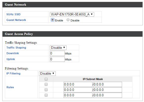 IV-3-2-5 Guest Network The Guest Network page allows you to configure a guest network that will have a Layer-3 IP Filter applied to all traffic passing through the specified SSID.