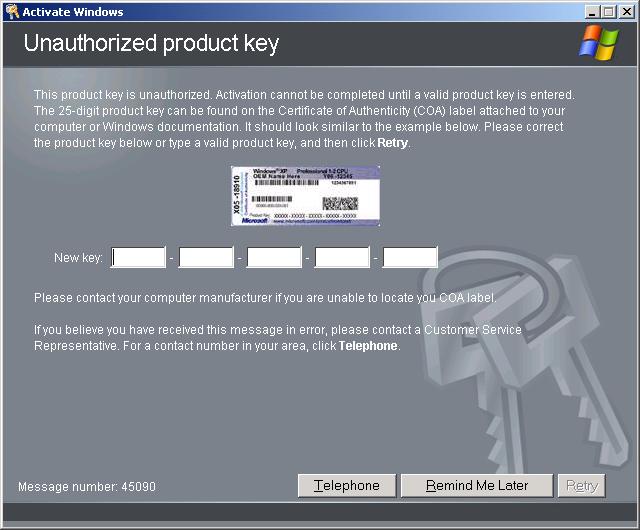 Completing the process Standard 1.27 3 Fill in the relevant information, and click Next. Result: The Unauthorized product key screen appears.