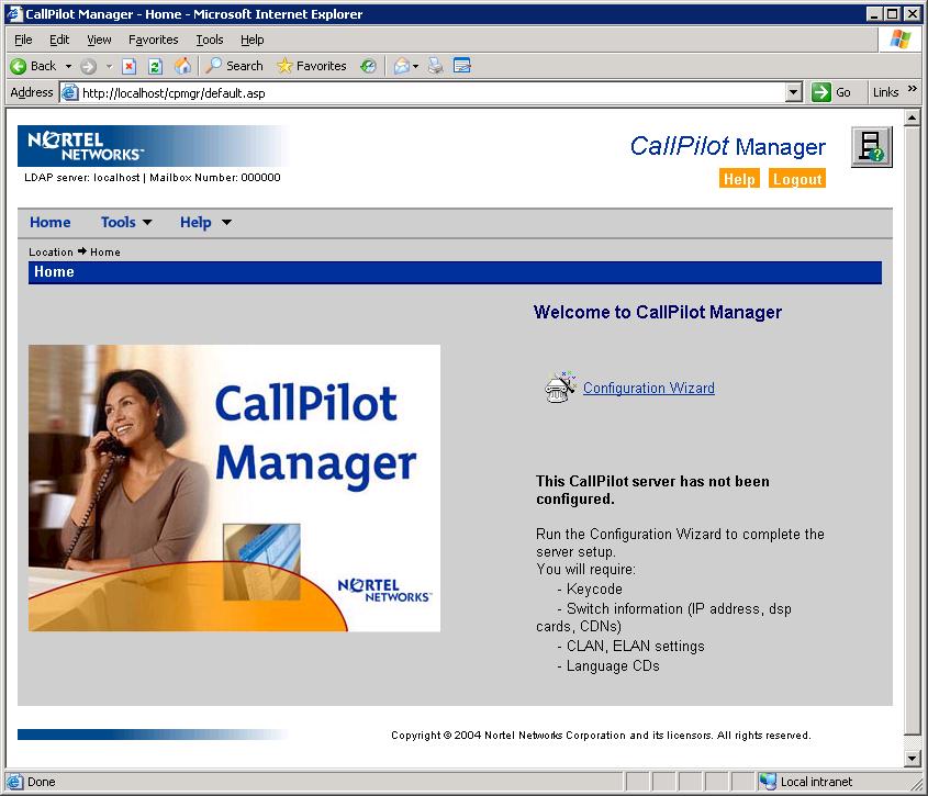 Configuring the CallPilot system Standard 1.27 6 Type the default password, the new password, and then click Save. Result: The main CallPilot Manager screen appears.