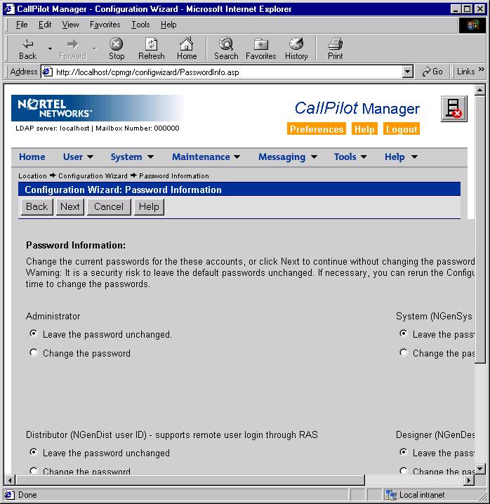 September 2006 Configuring the CallPilot system 12 Verify the information on the Server Information screen, modify it, if necessary, and then click Next.