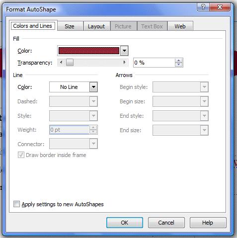 When you select Format AutoShape the menu below will appear. When the Format AutoShape menu at the left appears, you may change the Colors and Lines, Size, Layout, etc.