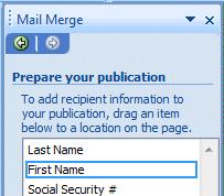 You can either follow the instructions at the top of the Mail Merge Task Pane and drag a field to the Mailing Address Line area or click on the field as we did.