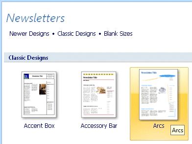 The right side of your Publisher screen will now change to Newsletters. Move down the Brochures screen until you see Classic Designs. Now look in the upper row of Brochures on the right.