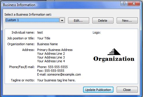 If you have used previous versions of Publisher you will notice that the Personal Information Menu screen has been replaced by the Business Information Menu below.