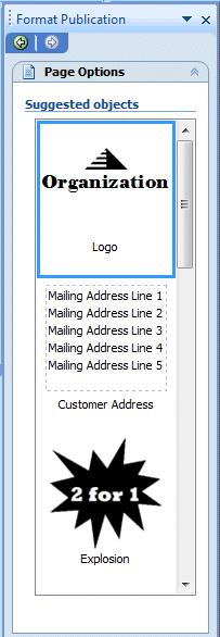 Next click-on the Page Options selection. This Task Pane let s you add various objects to your Flyer. Notice, on our Flyer, we already have a Logo like the one on the right.