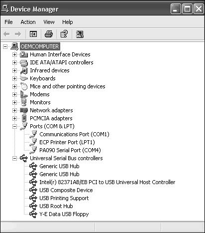 Sample Device Manager tab (Windows XP operating system) From the Device Manager window, expand the following: Human Interface Devices displays PS/2 Keyboard and Mouse Adapter when a PS/2 device is