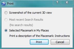 From the resulting Print options, choose the defaulted option of Selected Placemark in
