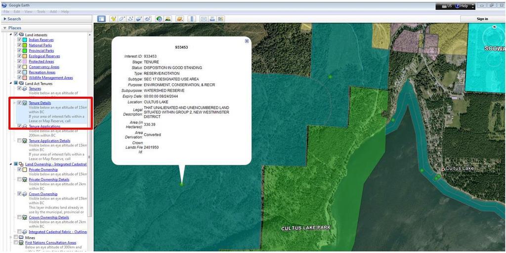 If your area overlaps the teal colour representing Land Act Tenures, turn on the Tenures Details layer and zoom in below an eye altitude of 15km to display the details green sphere.