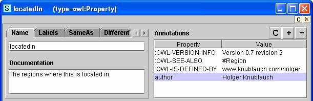 Protégé / OWL / Classes / Class metadata Class name Labels in multiple languages Documentation and annotations for housekeeping (versioning, author, etc) Protégé OWL Plugin Stanford Medical