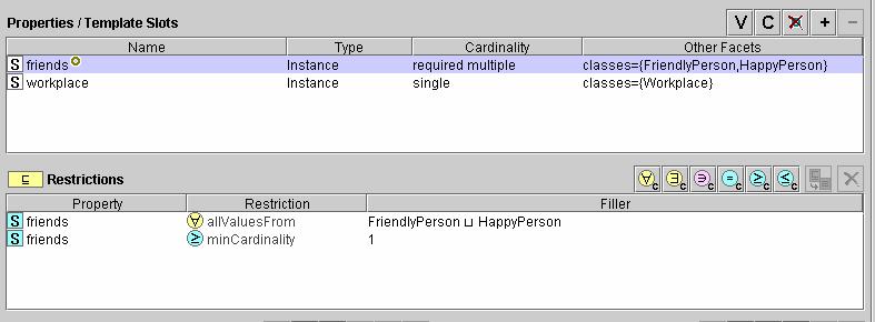 Protégé / OWL / Restrictions / Synchronization (2) In this example, multiple allowed classes for the property friends are converted into an