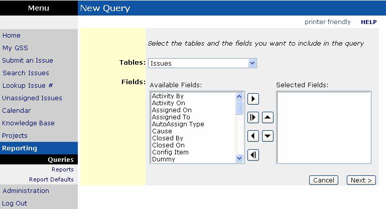 A variety of tables are available including issues, users and organizations as well as data from other installed modules.