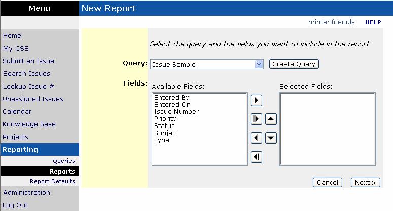 Instead of selecting a table you will be asked to select a query. This provides the ability for multiple reports to be created from a single query.