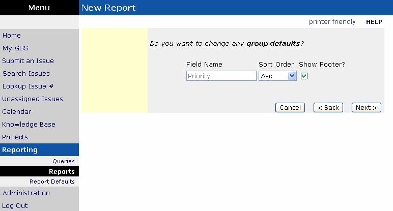 Once you have selected what fields you want to group by (if any), click the next button. The next screen is the Group Default Options screen.