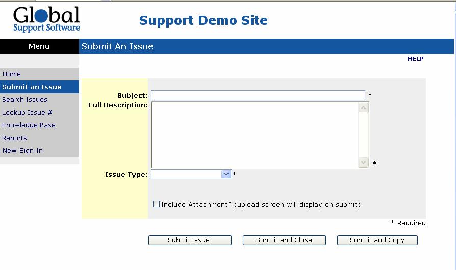 The Submit Page The submit page is used to enter issues into the tracking system. It can be accessed by clicking on Submit an Issue from the menu. The following page will appear.