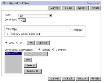 Figure 5-6 Example of a setting for the New Report > Filter window The following describes the components in the New Report > Filter window: Field Select the field to be filtered.