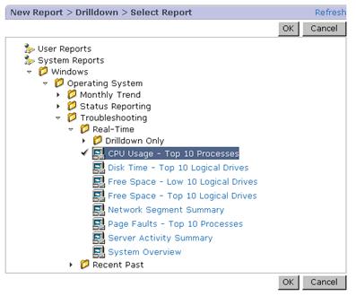 Figure 5-12 Example of the New Report > Drilldown > Select Report window The following describes the components in the New Report > Drilldown > Select Report window: User Reports Displays a tree of