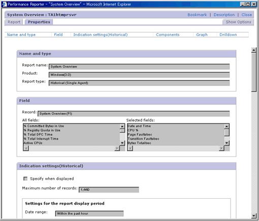 Figure 5-24 Report window, sample Properties tab The following describes the components in the report window s Properties tab: Name and type Report name Displays the report name (up to 64 characters).
