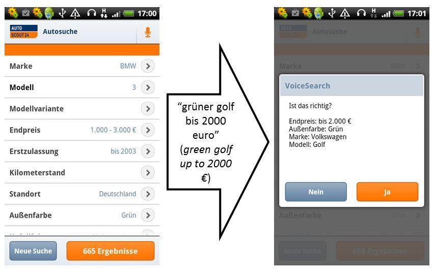 Abbildung 1 - Screen shots of the App GUI before and after issuing a voice search, demonstrating the approach: a user can fill some menu fields by saying the values in colloquial language.