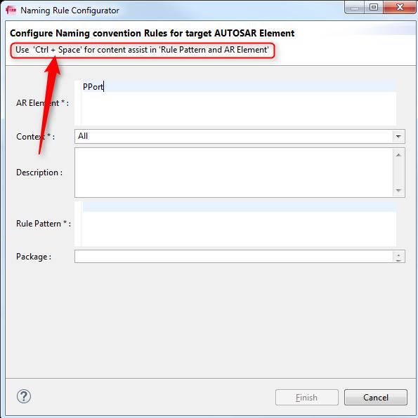 In ISOLAR-A > Dialog Naming Rule Configurator: 'Ctrl + Space' does