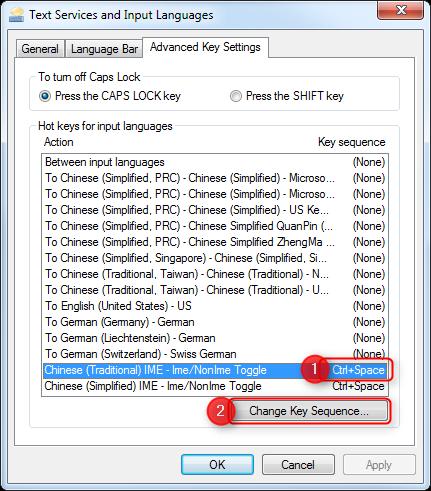 In table Hot keys for input languages: Click on line with
