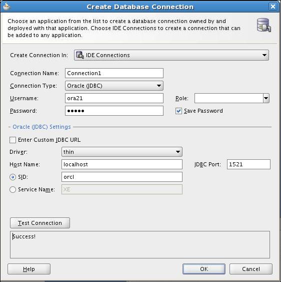 Creating Connection 1 Click the New Connection icon in the Database Navigator. 2 3 In the Create Database Connection window, enter the Username, Password, and the SID. Click Test Connection.