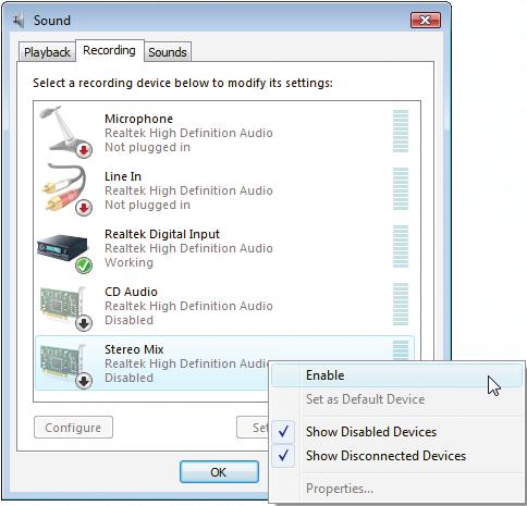 Step 3: When the Stereo Mix item appears, right-click on this item and select Enable. Then set it as the default device.