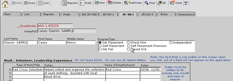 JP/ DH 2 Tab 1. On the JP/ DH 2 page you must fill in the work experience section. Please note: 45 characters is the maximum per line.