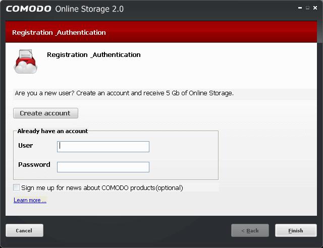 If you are a new user, click the 'Create Account' button. You will be taken to the account signup page at https://os.comodo.com/onlinestorageplans.php to create a new account with.