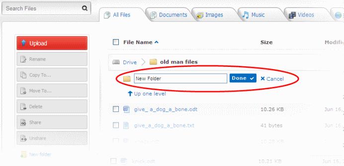 Enter a name for the new folder in the New Folder text box and click 'Done'. The new folder will be created and will be ready for copying or moving files into it. 3.2.5.