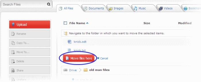 5. Click 'Move files here'. The selected items will be moved to the destination folder and a confirmation message will be displayed. 3.2.7.