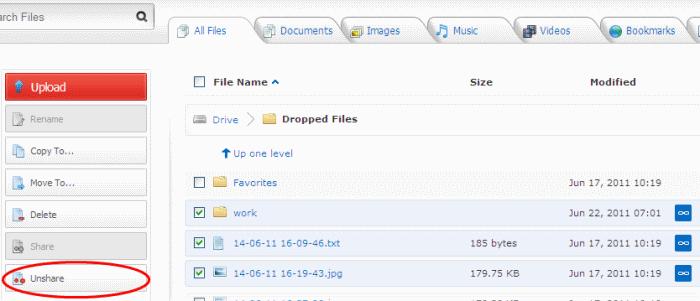 To unshare file(s)/subfolders 1. Login to your account COS account through the web interface. 2. Navigate to the folder from which you wish to unshare the files/folders and select the items.