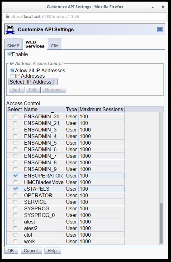 HMC APIs Using Web Services API Enable on the HMC Launch the Customize API Settings task Select the WEB Services tab Limit access based on IP as needed Enable access control by user name Configuring