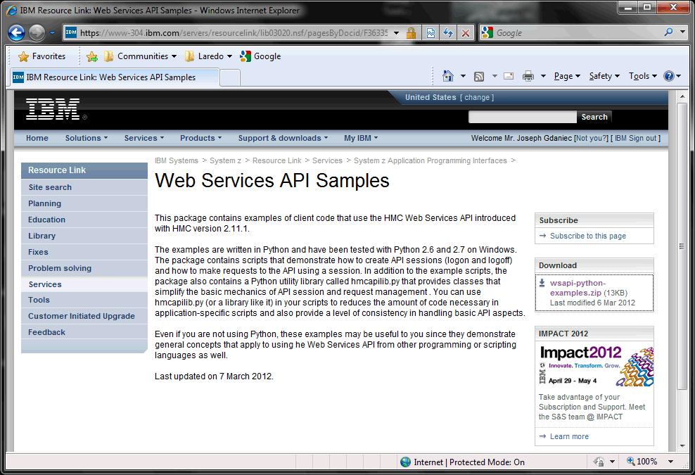 Getting Started with the API: Samples Python sample code is available on ResourceLink: http://www.ibm.