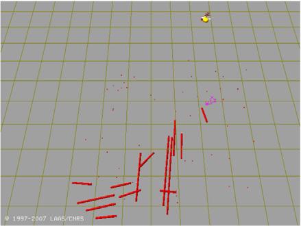 Local maps supermposed on a aeral vew of the scene; wth the rover Dala (a), the UAV Ressac (b), and the combned submaps (c). Yellow ellpsods represent the endponts covarances.