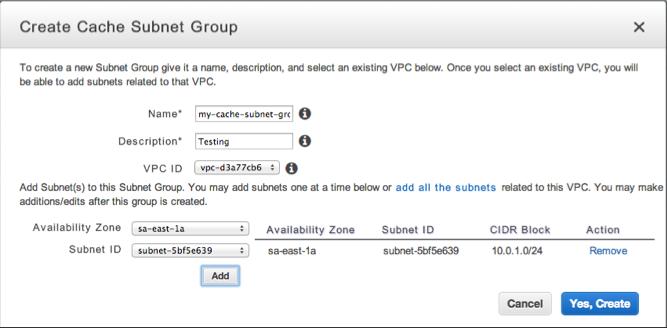 Creating a Cache Subnet Group c. Under Security Group, click the Inbound tab. In the Create a new rule box, click SSH, and then click Add Rule. d. Click Apply Rule Changes.